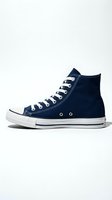 Navy high-top sneaker with white laces and rubber toe cap, isolated on white background. Suitable for footwear catalogs, fashion e-commerce, and apparel design projects.