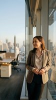 Professional woman with reddish-brown hair, Caucasian ethnicity, wearing beige blazer and black pants, standing by floor-to-ceiling windows in modern high-rise office overlooking city skyline during golden hour, suitable for corporate, business, and professional themes.