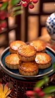 Traditional mooncakes with golden brown crust and intricate patterns served on blue ceramic plate, surrounded by festive Asian decorations and red berries.