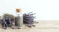 Dried lavender flowers in glass bottle with cork stopper on wooden table. Natural aromatherapy herbs for spa, wellness and relaxation treatments.