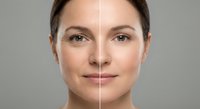 Young Caucasian woman face showing aging process with wrinkles and smooth skin comparison for skincare treatment and anti-aging cosmetics concept.