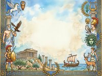 Ancient Greek mythology frame with gods, Parthenon temple, sailing ship and mythological creatures on cloudy sky background for educational materials.