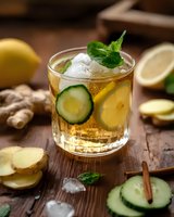 Refreshing summer cocktail with cucumber, lemon, ginger and mint garnish in crystal glass on rustic wooden table, crushed ice and fresh ingredients.