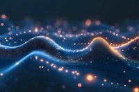 Abstract digital wave visualization with glowing blue and orange particles forming dynamic flowing lines against dark background. Modern technology concept.