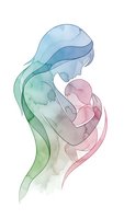 Watercolor silhouette of mother holding baby in tender embrace with flowing hair, soft pastel colors for maternity and parenting designs.