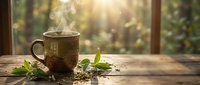 Steaming hot tea cup with fresh green leaves on rustic wooden table by sunny window. Morning beverage ritual with natural herbs for relaxation and wellness.