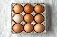 Fresh brown and white chicken eggs arranged in recycled paper carton on light linen tablecloth background, top view composition for cooking and baking concepts.