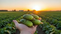 Fresh cucumbers in farmer's hand at sunset over agricultural field. Organic vegetable harvest concept for healthy eating and sustainable farming.