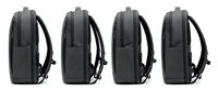 Four dark gray laptop backpacks with padded straps displayed in side profile view, suitable for business travel, commuting, and tech accessory marketing.