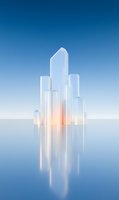 Translucent crystal formations rise from reflective surface against blue gradient background, glowing with warm inner light and creating mirror-like reflections.