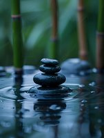 Balanced black spa stones with water drops on dark reflective surface against blurred bamboo background creates zen atmosphere for wellness and meditation.