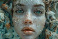Young woman with turquoise eyes and coral lips submerged in water with droplets on face, creating ethereal underwater portrait in teal and orange tones.