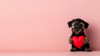 Adorable Yorkshire terrier puppy holding red heart shape against pink background, perfect for Valentine's Day cards and romantic designs.