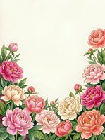 Watercolor peony border frame with pink, coral and cream blooms on light background, copy space for wedding or greeting card design.
