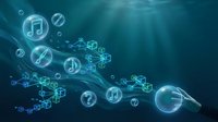 Digital music streaming concept with glowing musical notes and blockchain network icons floating in deep blue cyber space for technology presentations.