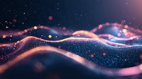 Glowing waves of light with sparkles and particles flow against dark background creating magical abstract composition in pink and blue colors.
