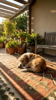Golden retriever resting on patterned outdoor rug under wooden pergola with potted flowers and bench on sunny patio.