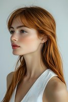 Young Caucasian woman with long copper red hair and freckles in white top looking sideways against neutral background for beauty and fashion concepts.