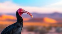 Southern bald ibis with distinctive red curved beak against blurred desert landscape at sunset, dark feathers contrasting with vibrant sky and mountains.