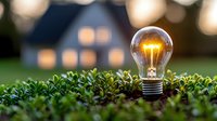 Glowing light bulb placed in green grass with blurred house and warm window lights in background creating magical evening atmosphere and eco concept.