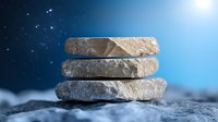 Stacked natural stones on rocky surface against blue starry night sky background with moonlight creating mystical zen atmosphere and balance concept.
