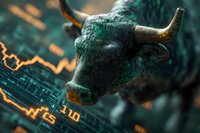 Bronze bull statue on digital stock market chart background with glowing orange price line trend, dramatic lighting creates financial market concept.