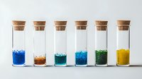 Six glass vials with cork stoppers containing colorful granules in blue, orange, teal, green, and yellow on white background.