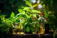 Glass bottles with essential oils and herbal extracts surrounded by fresh aromatic herbs in natural garden setting, perfect for wellness and aromatherapy.