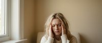 Young Caucasian woman holding temples with hands, suffering from severe headache or migraine, sitting alone in minimal room.