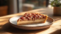 Slice of homemade pecan pie with caramel filling on rustic ceramic plate, illuminated by warm natural sunlight on wooden table surface, traditional dessert.