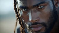Close-up portrait of a man with dark skin, beard, and braided hair, displaying confident expression with intense gaze, suitable for lifestyle, fashion, and professional advertising campaigns.