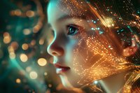 Young woman with glowing blue eyes in profile view against magical sparkles and light effects background, orange and turquoise color scheme creates mystical atmosphere.