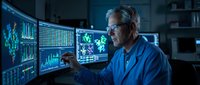 Middle-aged Caucasian male scientist analyzing data on multiple computer monitors in modern laboratory. Professional researcher working with charts and graphs.