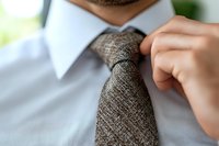 Close-up view of hands adjusting gray textured necktie on white collared shirt, showing professional business attire preparation with soft background blur.
