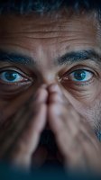Close-up of intense blue eyes and furrowed brow expressing worry or anxiety, with hands partially covering face in dramatic lighting for mental health concepts.