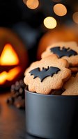 Halloween bat cookies in metal bowl with glowing pumpkin and warm bokeh lights creating festive autumn atmosphere for seasonal baking and party treats.