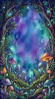 Enchanted forest clearing with glowing mushrooms, luminescent trees, and magical watercolor sky in purple, blue, and teal tones. Fantasy woodland scene for children's books, wall art, and creative projects.
