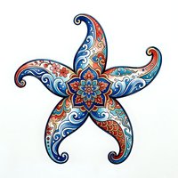 Ornate starfish with intricate mandala-inspired patterns in blue, red, and gold tones. Isolated design element suitable for textiles, home decor, and graphic applications.