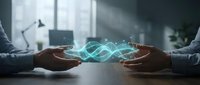 Hands holding glowing turquoise DNA helix hologram above desk, representing biotechnology, genetic research, and innovation in modern laboratory or corporate environment.