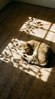 Tabby cat resting in warm sunlight with plant shadows on wooden floor creating peaceful indoor atmosphere for home and lifestyle content.