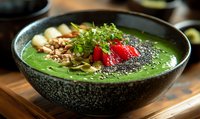 Green smoothie bowl topped with fresh strawberries, chia seeds, granola and microgreens served in black stone bowl on wooden surface. Healthy breakfast concept.