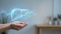 Glowing holographic liver floating above open palm in modern medical office setting for healthcare technology and organ health awareness campaigns.