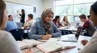 Young Middle Eastern woman in hijab studying in university classroom with diverse students during lecture session.