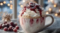 White ceramic mug filled with whipped cream topped with cranberry sauce and fresh cranberries, cozy winter drink with warm bokeh lights background.