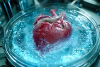 Preserved human heart specimen in laboratory petri dish with blue preservation fluid for medical research and education.