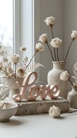 Elegant neutral home decor with rose gold Love sign, white roses in stone vases, soft natural light, romantic minimalist styling.