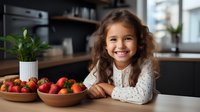 Young Hispanic girl with curly hair wearing white lace dress smiles brightly at kitchen table with fresh strawberries in wooden bowls, natural lighting from window creates warm atmosphere.