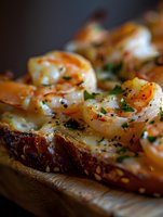 Succulent grilled shrimp on multigrain toast garnished with fresh herbs and black pepper, served on wooden board. Close-up macro shot with selective focus.