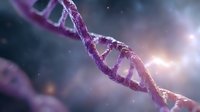 Purple DNA strand helix structure on dark background with glowing particles and light effects, representing genetic research and biotechnology advancement.