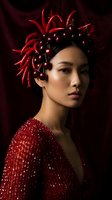 Asian woman with striking red sculptural headpiece and sequined garment against dark backdrop, fashion and artistic portrait photography.